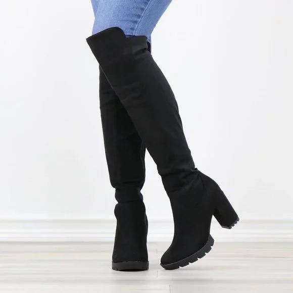 Black Thigh High Over The Knee Lug Block Heel Boots Faux Suede Round Toe - Picture 12 of 14